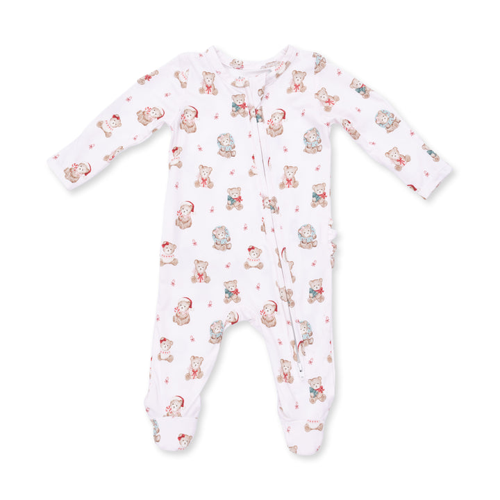 Christmas Teddy Bears Pink - 2 Way Ruffle Back Zipper Footie