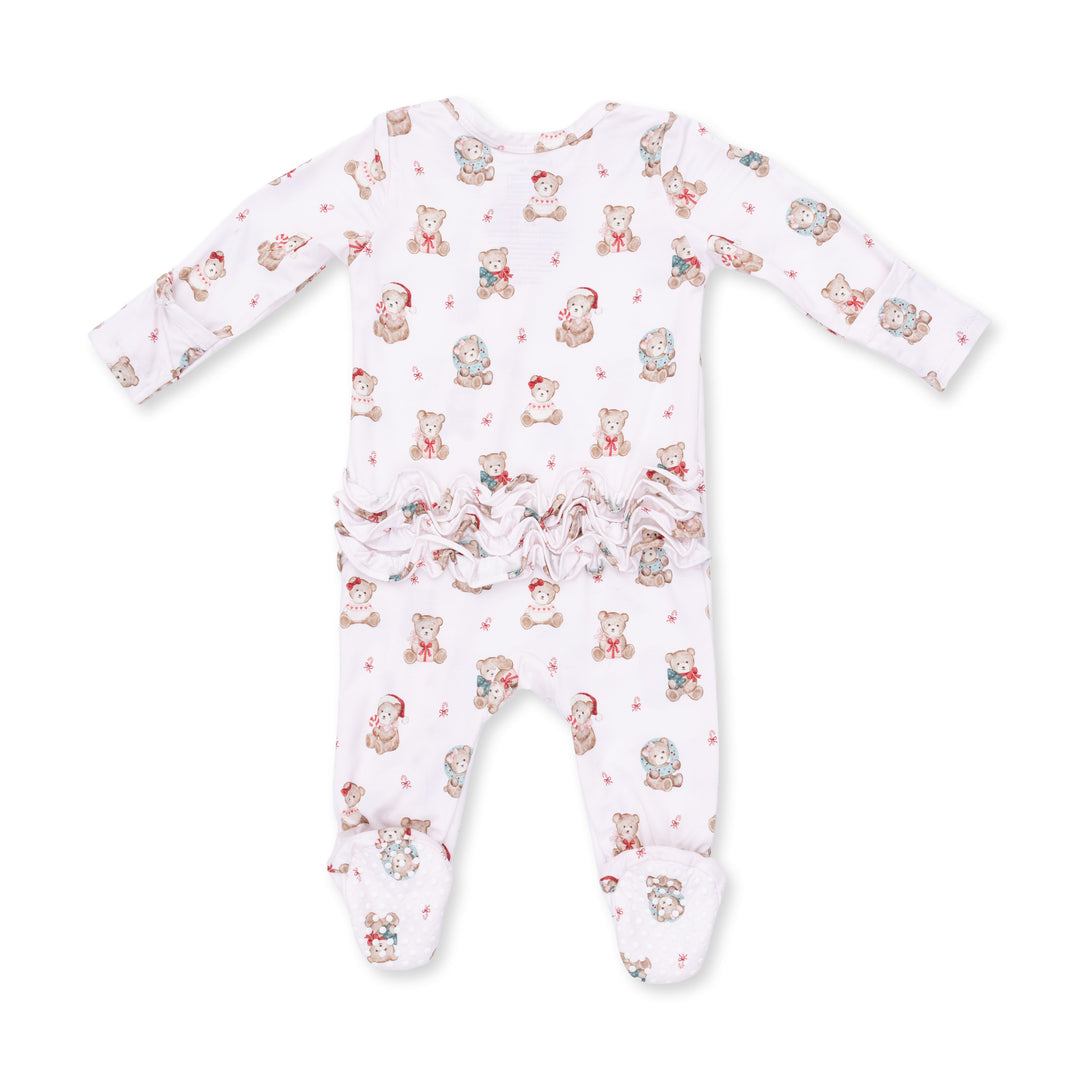 Christmas Teddy Bears Pink - 2 Way Ruffle Back Zipper Footie