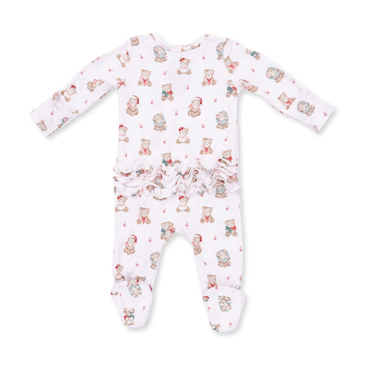 Christmas Teddy Bears Pink - 2 Way Ruffle Back Zipper Footie