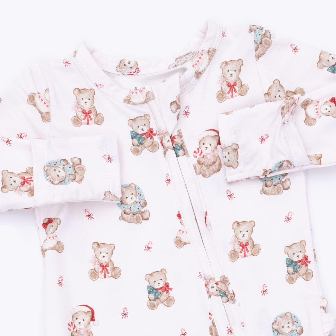 Christmas Teddy Bears Pink - 2 Way Ruffle Back Zipper Footie