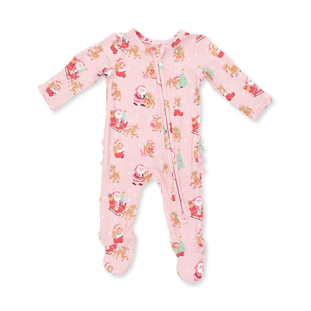 Vintage Reindeer &amp; Santa Pink - 2 Way Ruffle Back Zipper Footie