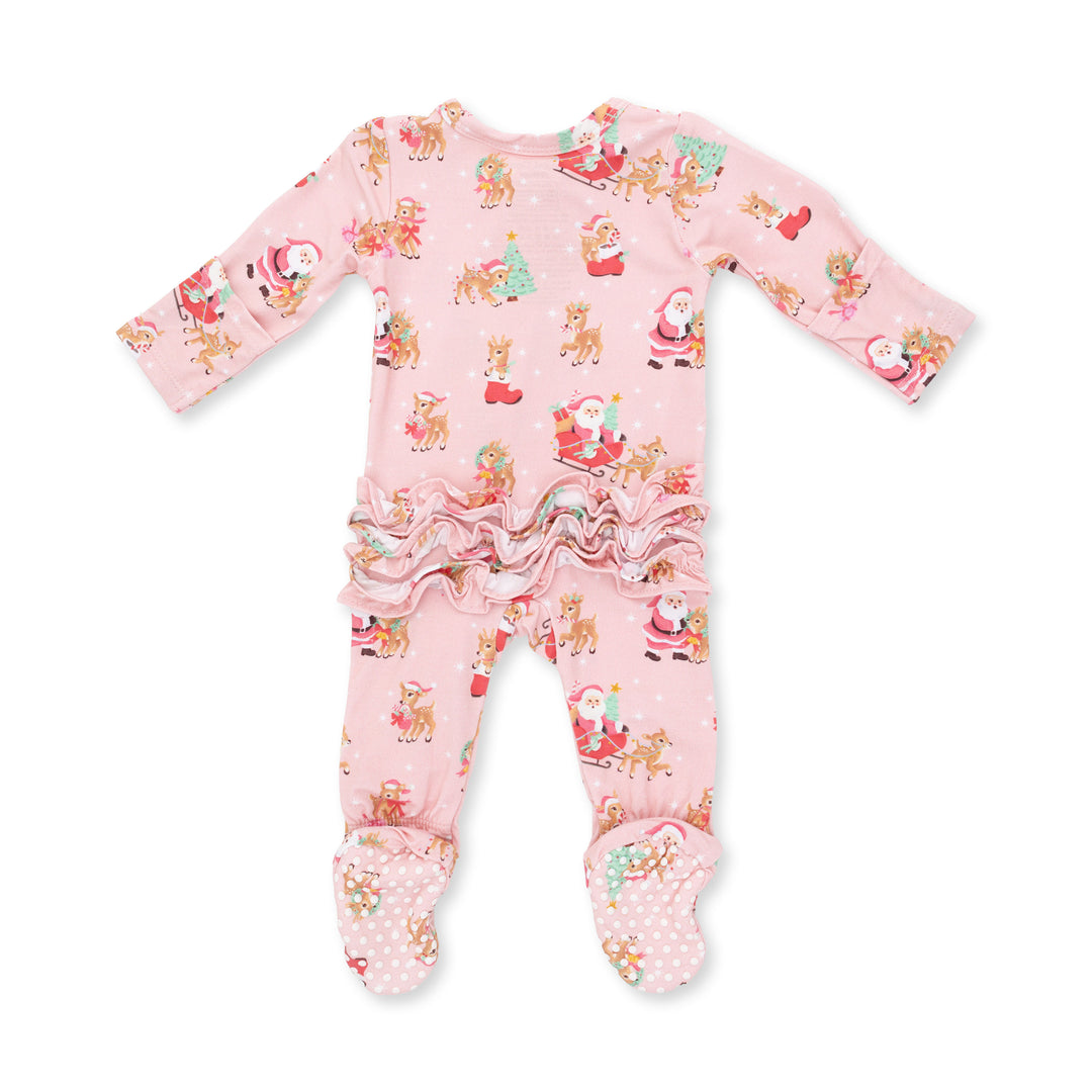Vintage Reindeer &amp; Santa Pink - 2 Way Ruffle Back Zipper Footie