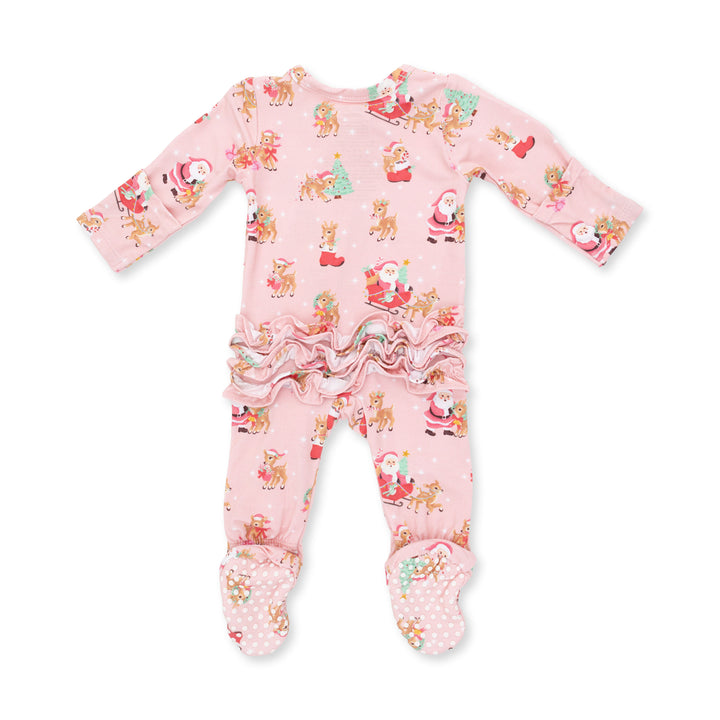 Vintage Reindeer &amp; Santa Pink - 2 Way Ruffle Back Zipper Footie