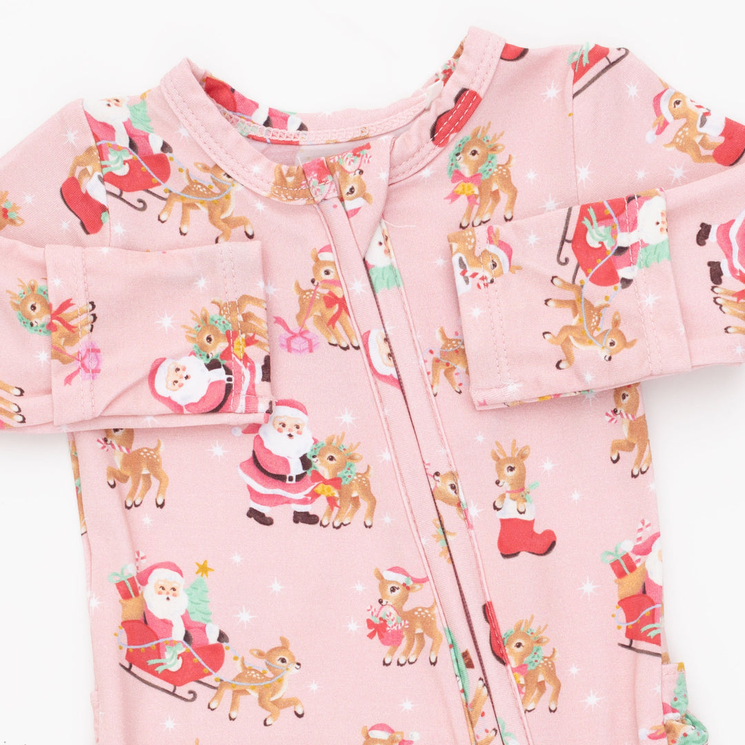 Vintage Reindeer &amp; Santa Pink - 2 Way Ruffle Back Zipper Footie