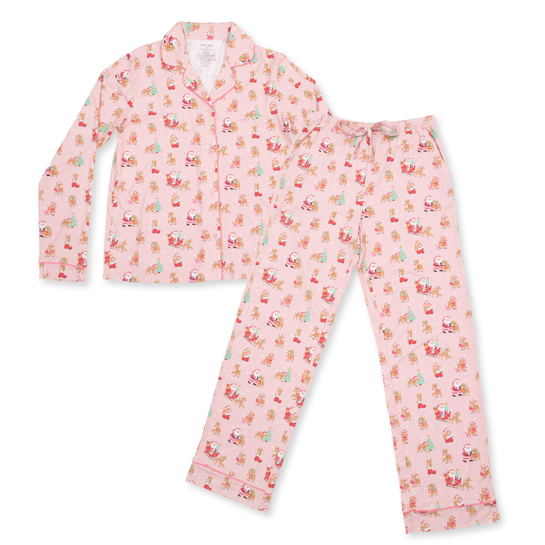 Vintage Reindeer &amp; Santa Pink - Adult Long Sleeve Coat Style And Pant With Pockets