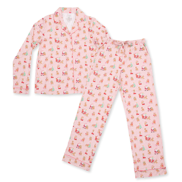 Vintage Reindeer &amp; Santa Pink - Adult Long Sleeve Coat Style And Pant With Pockets