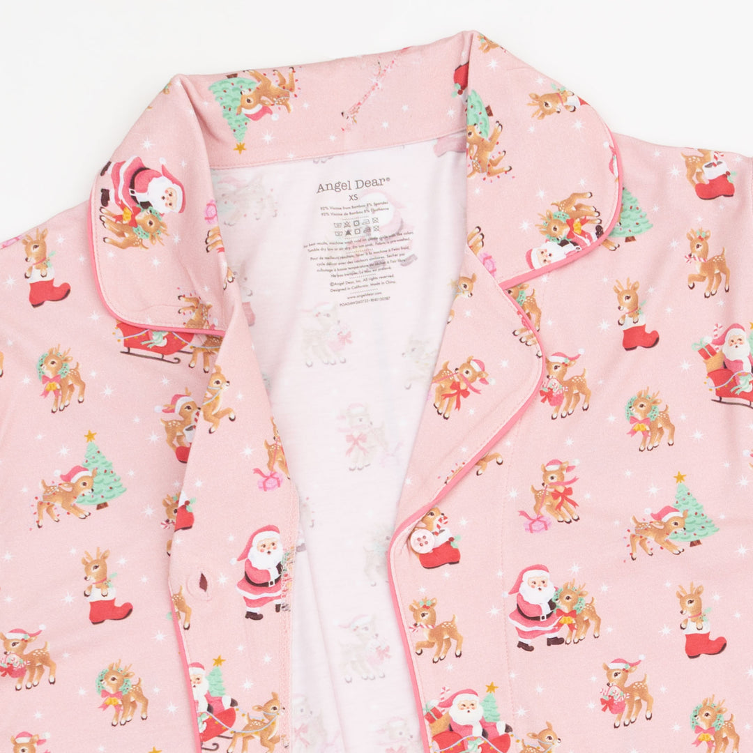 Vintage Reindeer &amp; Santa Pink - Adult Long Sleeve Coat Style And Pant With Pockets