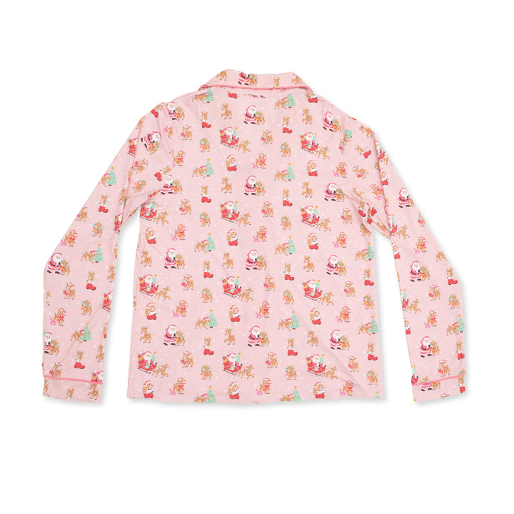 Vintage Reindeer &amp; Santa Pink - Adult Long Sleeve Coat Style And Pant With Pockets