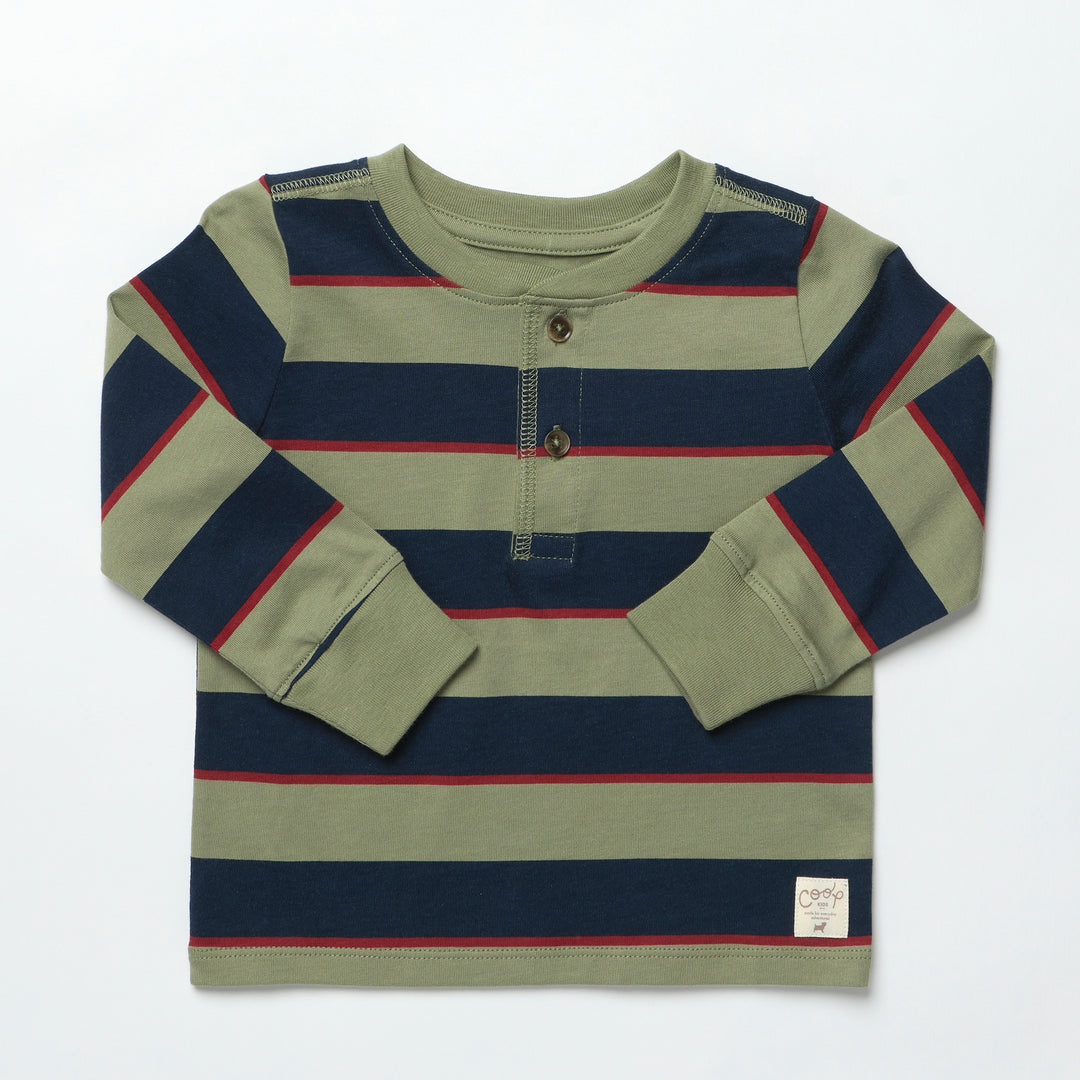 Scout Long Sleeve Henley T-Shirt – Olive Navy Rugby Stripe