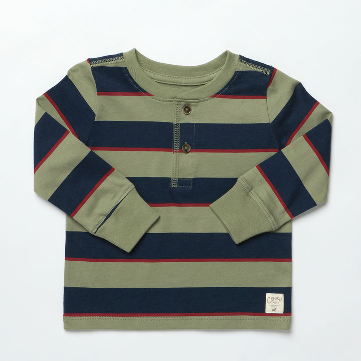 Scout Long Sleeve Henley T-Shirt – Olive Navy Rugby Stripe
