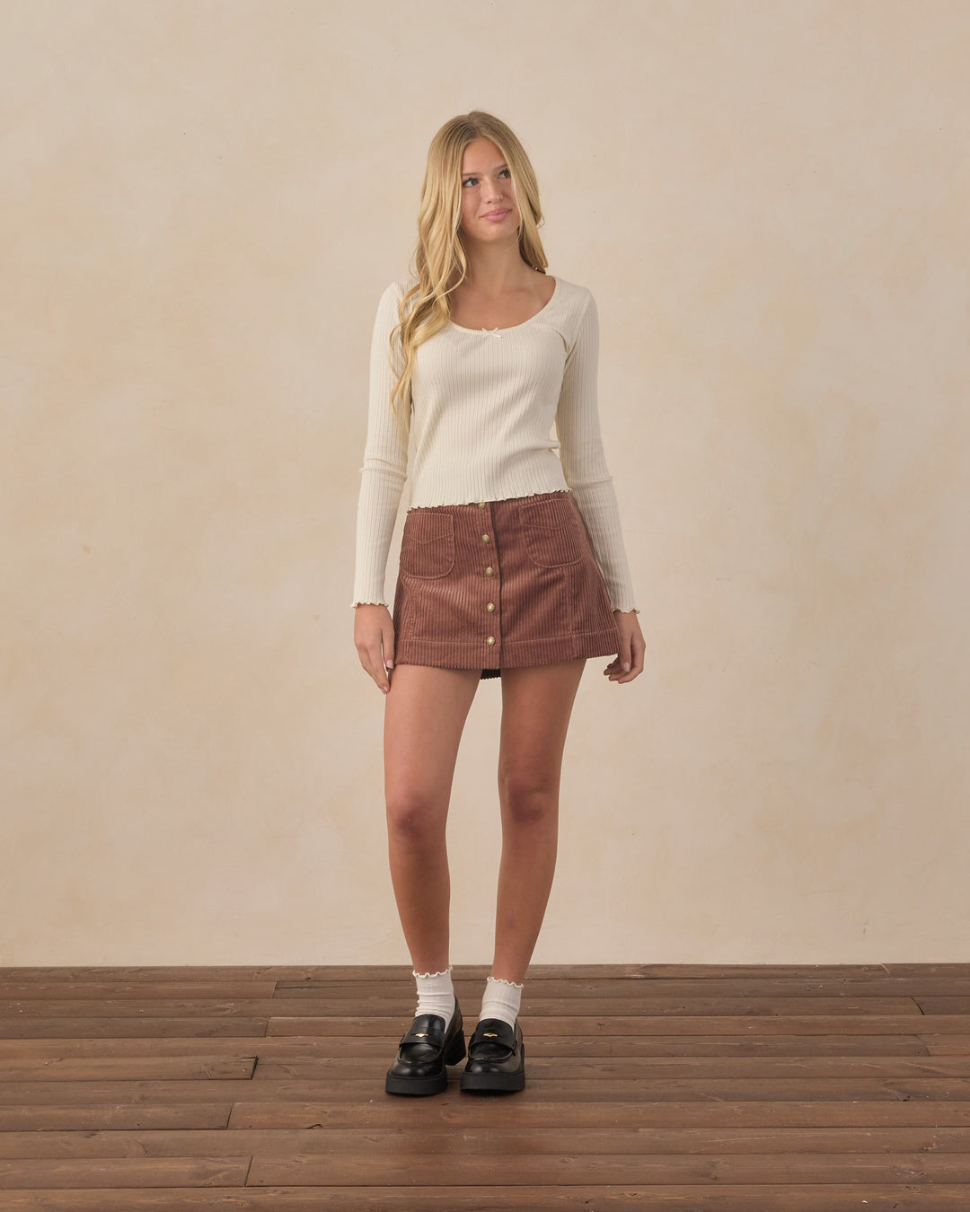 Ribbed Long Sleeve Knit Tee – Natural
