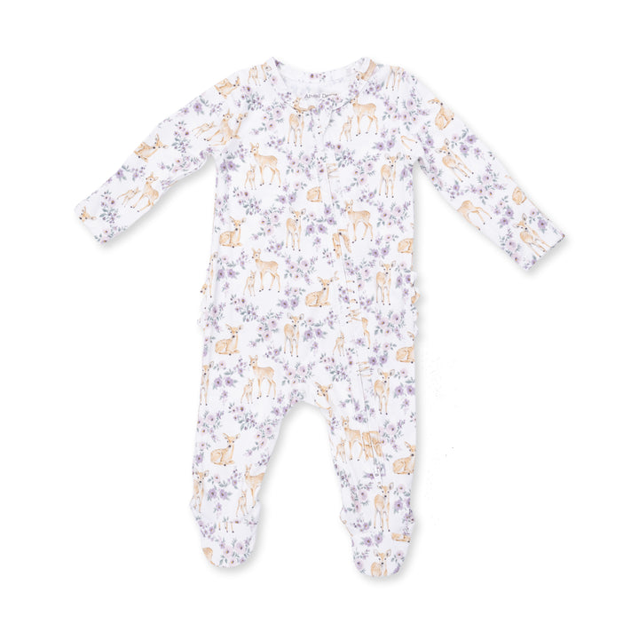 Floral Deer  2‑Way Ruffle‑Back Zipper Footie
