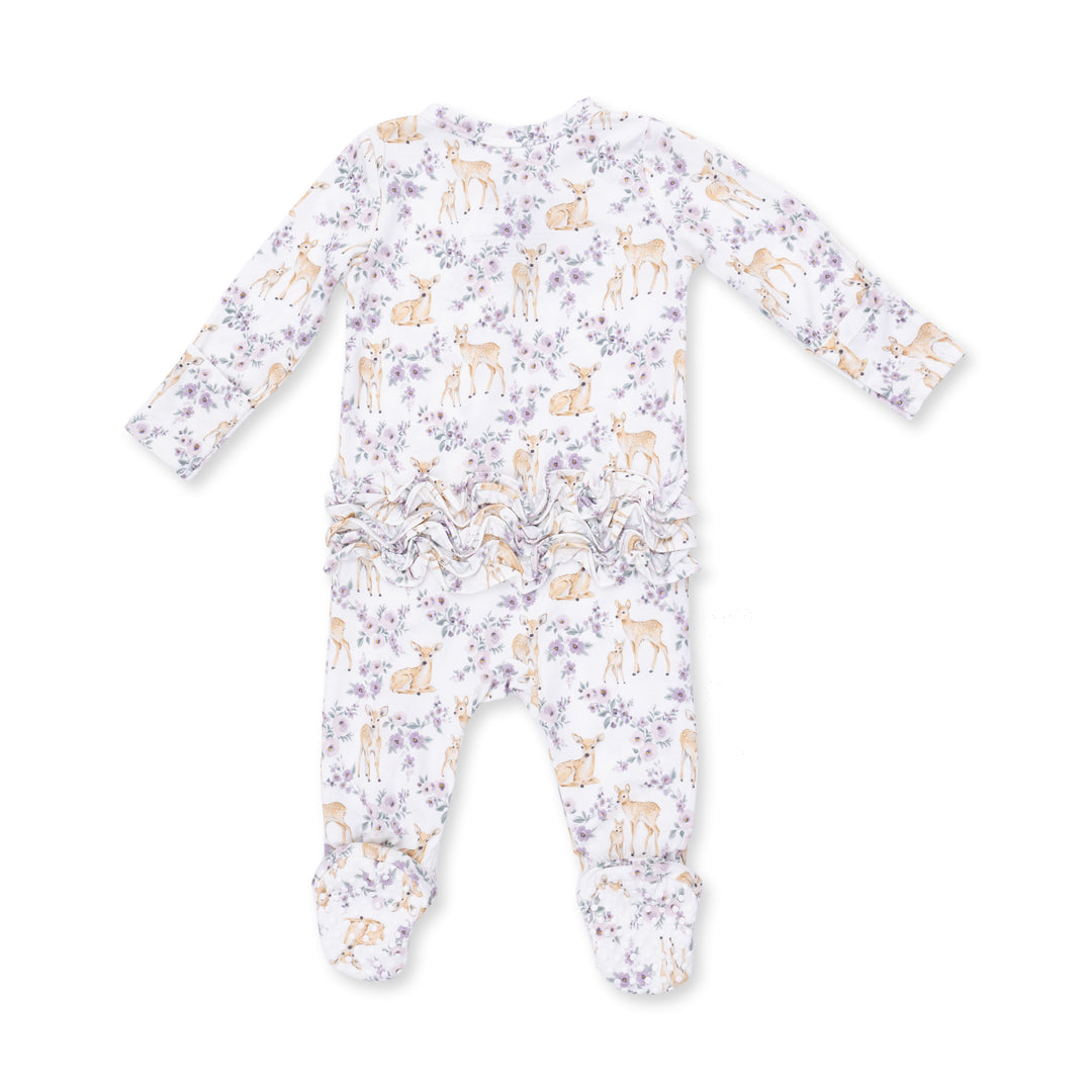 Floral Deer  2‑Way Ruffle‑Back Zipper Footie