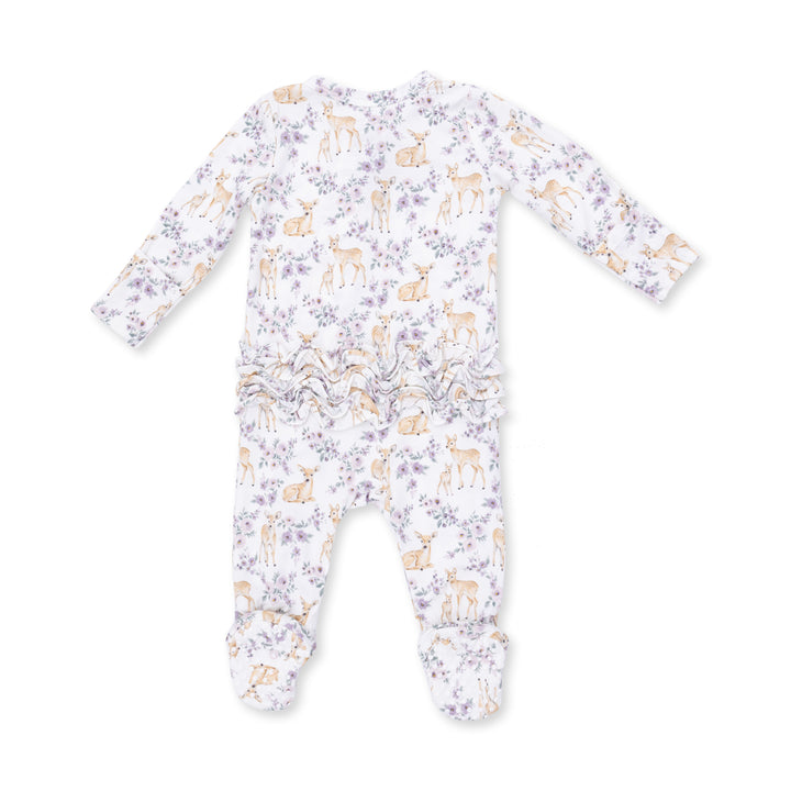 Floral Deer  2‑Way Ruffle‑Back Zipper Footie