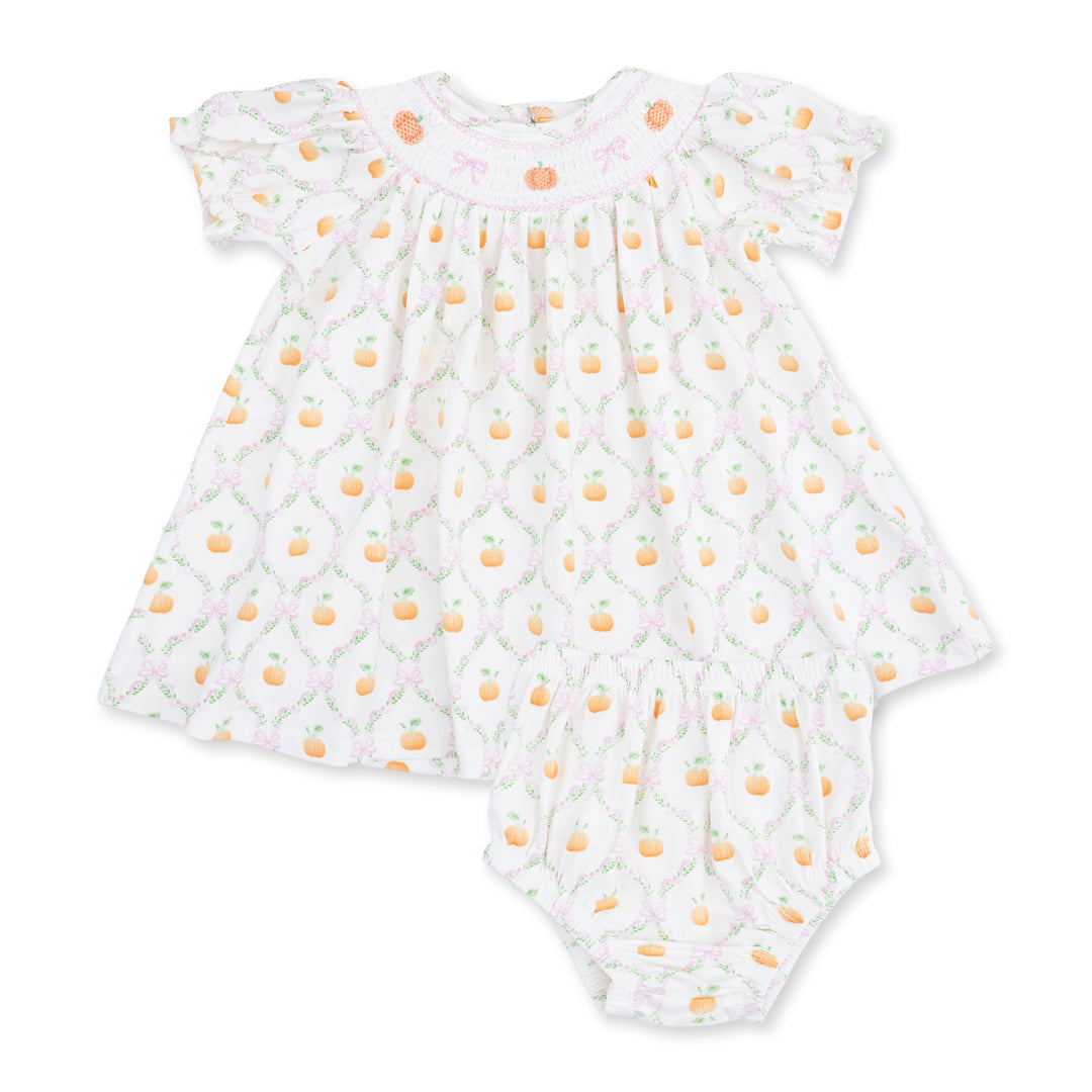 Pretty Pumpkin Trellis - Jane Puff Sleeve Bishop Dress And Bloomer