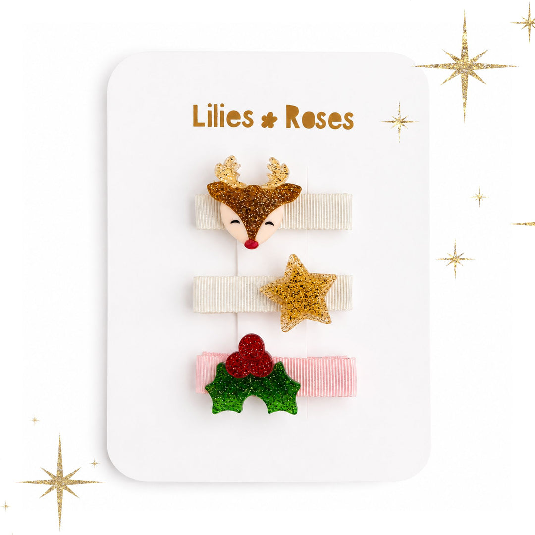 Little Reindeer Star Holly Berry Hair Clips