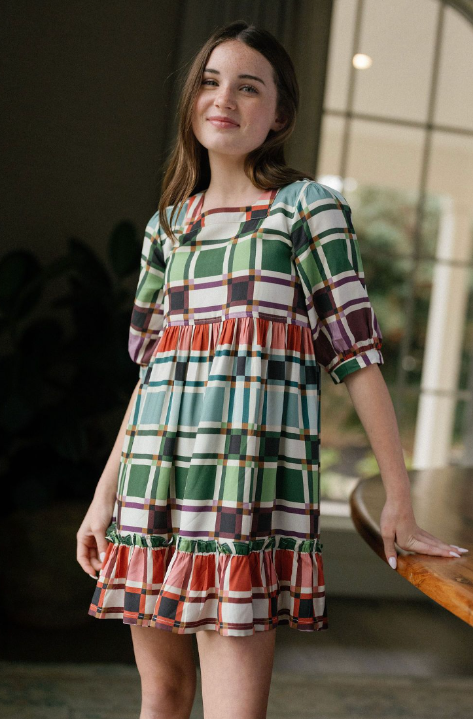 Puff-Sleeve Plaid Tiered Kenzie Dress
