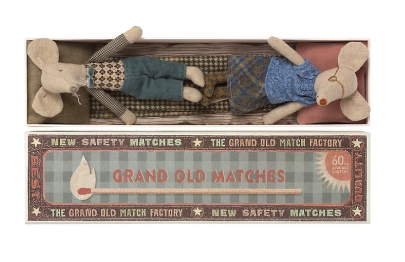 Maileg Grandma and Grandpa mouse in matchbox bed