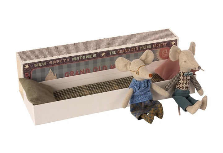 Maileg Grandma and Grandpa mouse in matchbox bed